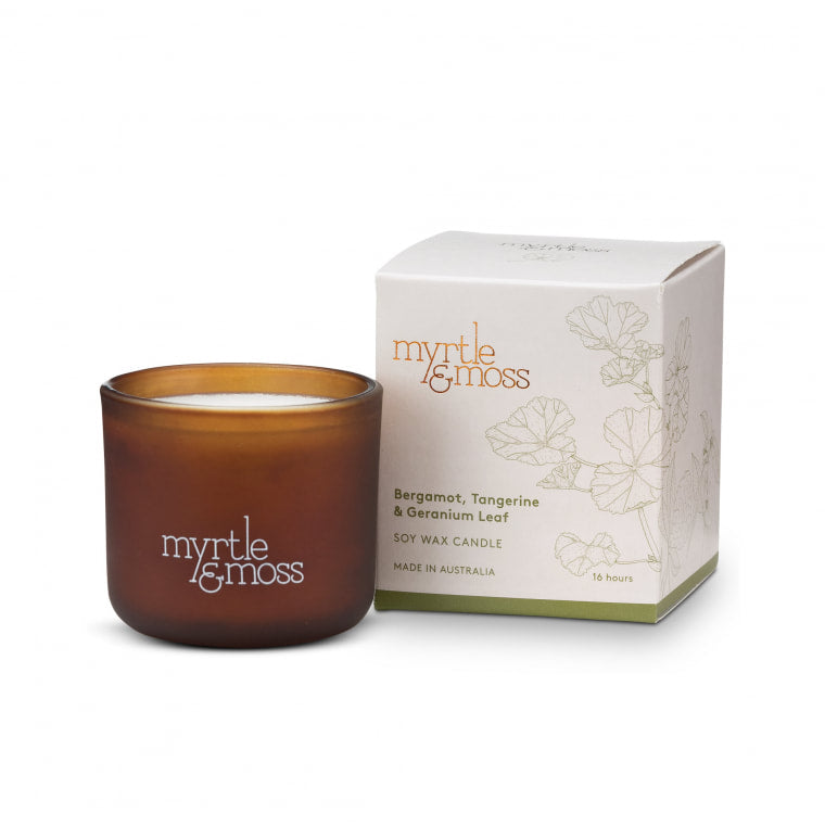 Myrtle and Moss Soy Wax Candle Bergamot Tangerine and Geranium Leaf
