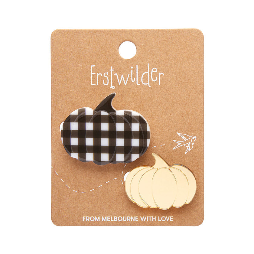 Mini-Broschen-Set „Kürbisfeld“ – Gold & Schwarz kariert