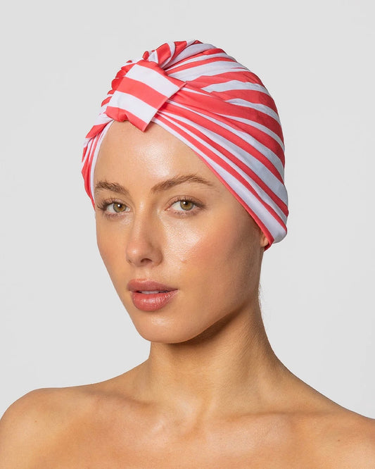 AMELIE Turban Style Shower Cap - Pink Cabana Stripe