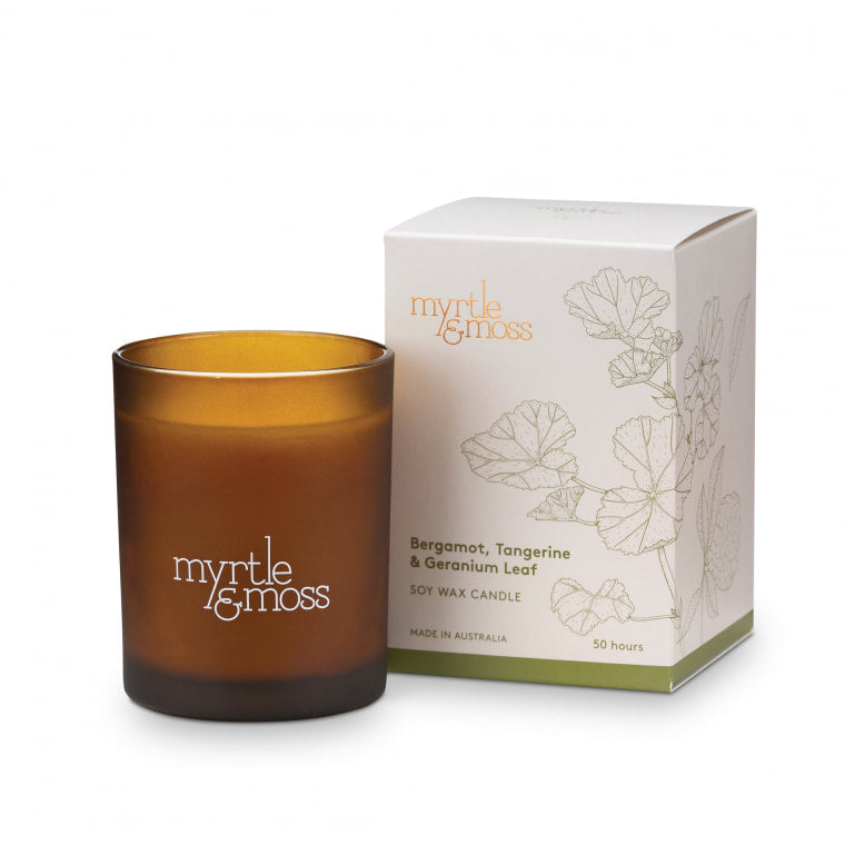 Myrtle and Moss Soy Wax Candle Bergamot Tangerine and Geranium Leaf
