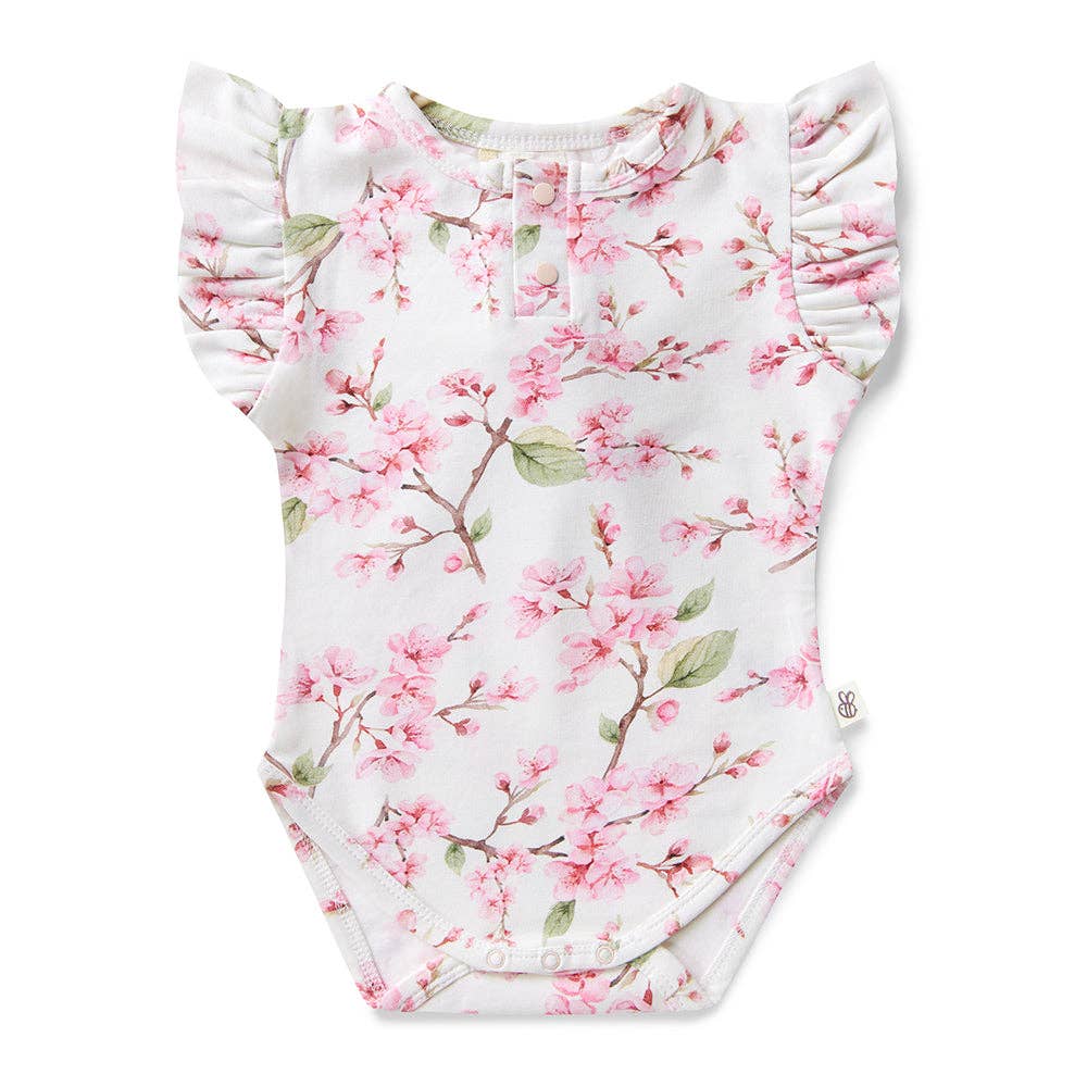 Cherry Blossom Short Sleeve Organic Bodysuit with Frill: 0-3 Months (000)