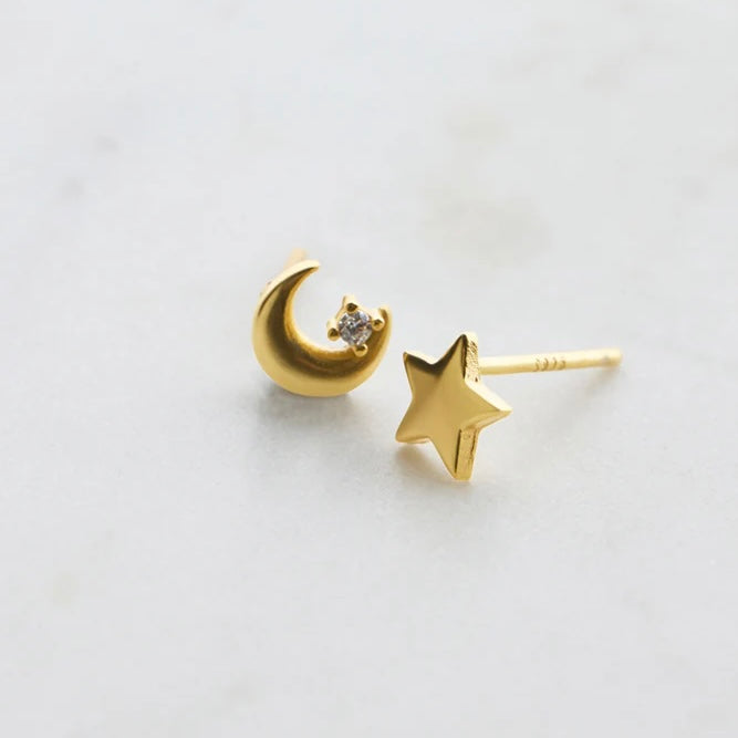 Star and Moon Stud Earring Gold 7201