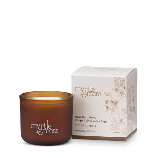 Myrtle and Moss Soy Wax Candle  - Rose Geranium Grapefruit and Clary Sage