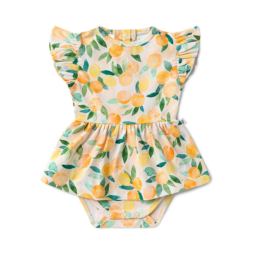 Sonniges Zitrusfrüchte-Kurzarm-Kleid aus Bio-Baumwolle: Größe 4