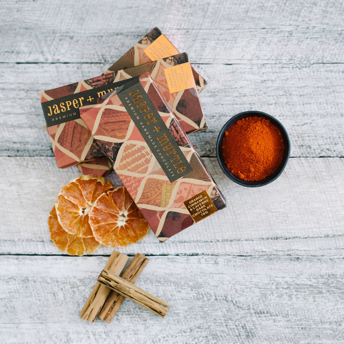 Jasper + Myrtle Orange, Cinnamon, & Cayenne Dark Chocolate 70g