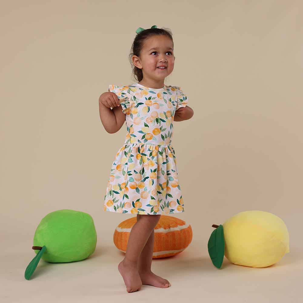 Sonniges Zitrusfrüchte-Kurzarm-Kleid aus Bio-Baumwolle: Größe 4