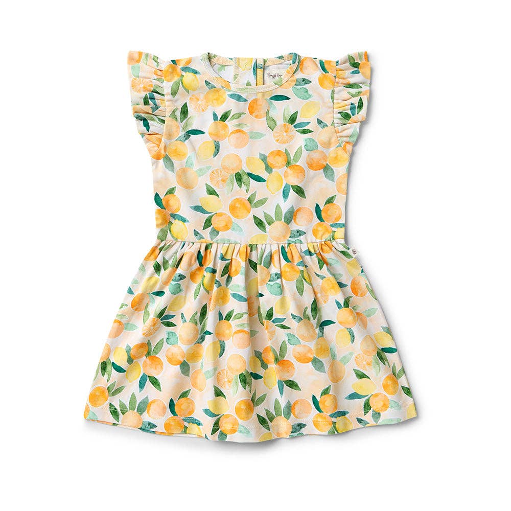 Sonniges Zitrusfrüchte-Kurzarm-Kleid aus Bio-Baumwolle: Größe 4